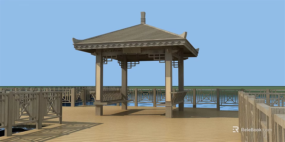 Traditional Chinese Pavilion With Classic Roof And Benches On Wooden Deck With Railing 3d model 