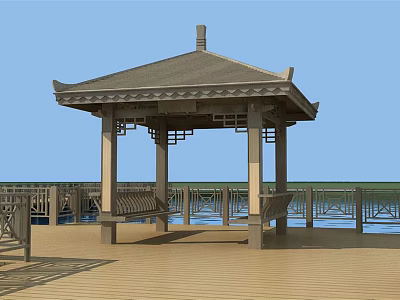 Traditional Chinese Pavilion With Classic Roof And Benches On Wooden Deck With Railing 3d model