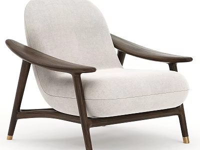 Modern Beige Fabric Accent Chair With Dark Wooden Arms And Legs For Home Interior 3d model