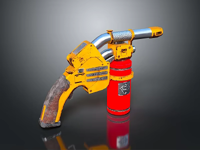 Futuristic Yellow And Red Weapon With Metal Components Red Tank And Textured Handle Design 3d model