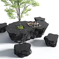Natural Black Stone Tea Table Set With Central Tree And Surrounding Stone Seats 3d model