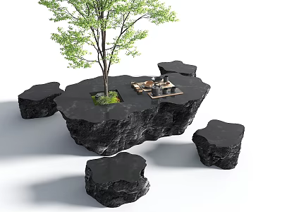 Natural Black Stone Tea Table Set With Central Tree And Surrounding Stone Seats 3d model