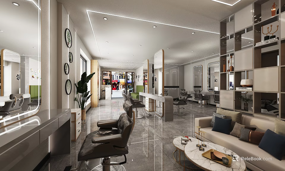 Modern Spacious Beauty Hair Salon Interior With Salon Chairs Sofa Mirrors And Plants 3d model 