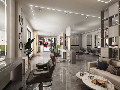 Modern Spacious Beauty Hair Salon Interior With Salon Chairs Sofa Mirrors And Plants 3d model