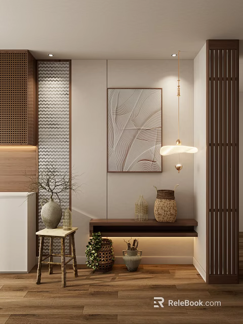 Modern Entryway Hallway Interior Design With Decorative Painting Pendant Light Vase And Green Plant 3d model 