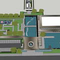 Modern Garden Landscape With Waterfall Sculptures Paved Area And Greenery