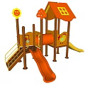 Children's Playground Equipment With House Shaped Roof Sun Flower Decorations And Orange Yellow Slides