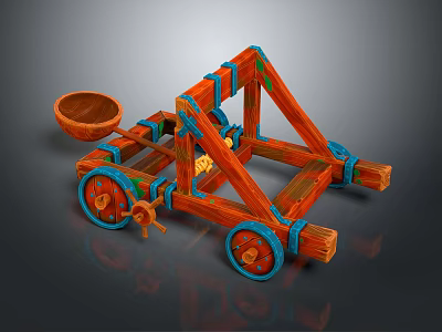Medieval Ancient Catapult Weapon With Wooden Structure Wheels And Throwing Basket 3d model