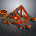 Medieval Ancient Catapult Weapon With Wooden Structure Wheels And Throwing Basket 3d model