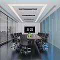 Modern Conference Room With Long Table Black Chairs Smart Screen Blue Lighting And Glass Partitions