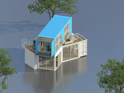 Two Story Container House With Blue Roof White Walls Balcony Surrounded By Trees 3d model