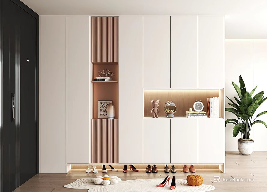 Modern Minimalist Shoe Cabinet With Open Shelves Decorative Items LED Strip Lights Illuminating Shoes 3d model 