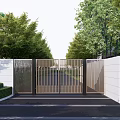 Modern Entrance Gate With Vertical Slat Design Surrounded by Green Trees and White Walls