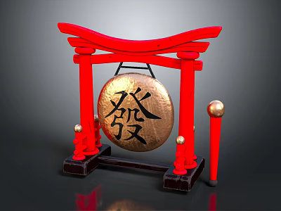 Musical Instruments and Art Tools Featuring Red Torii Golden Gong Chinese Character Fa and Mallet 3d model