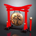 Musical Instruments and Art Tools Featuring Red Torii Golden Gong Chinese Character Fa and Mallet