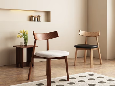 Wooden Dining Chairs With Minimalist Design White Black Seat Cushions Small Side Table Yellow Flowers 3d model