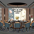 Private Dining Room Interior With Round Table Chandelier Gray Chairs And Decorative Painting