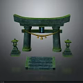 Traditional Japanese Torii Gate Structure With Stone Lanterns And Front Steps