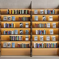 Modern Bookcase Interior With Layered Shelves Filled Books And Decorative Prints