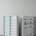 Modern Household Appliances Cabinets Featuring Blue Grid Shelves And Hook Designs