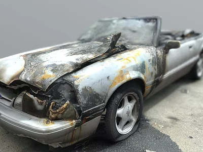 Burned Silver Convertible Car With Damaged Front And Rust On Ground 3d model
