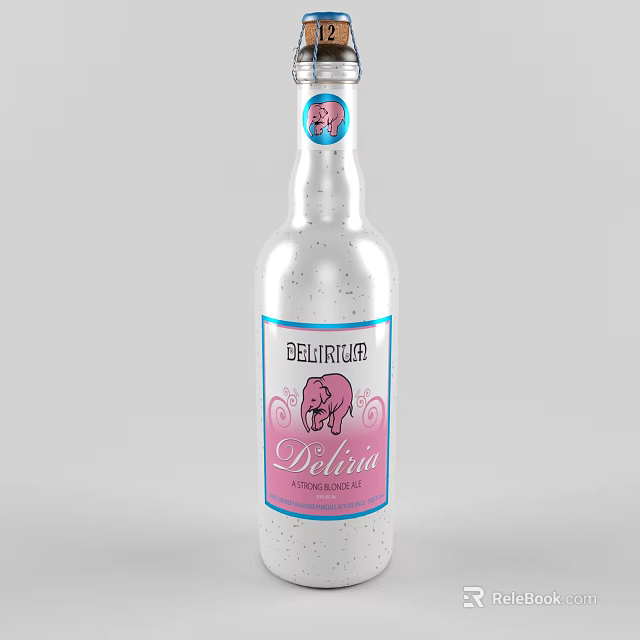 Delirium Strong Blonde Ale Beer Bottle and Glass with Silver Body Pink Blue Label Design 3d model 