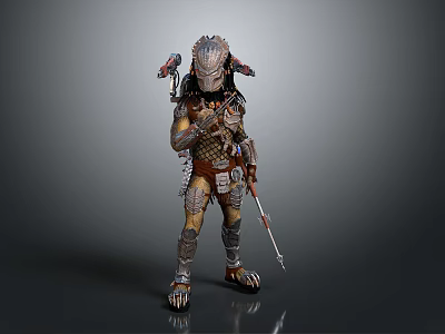 Futuristic Warrior Character In Standing Pose With Armor Spear And Ornamental Details 3d model