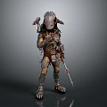 Futuristic Warrior Character In Standing Pose With Armor Spear And Ornamental Details