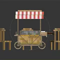Wooden Food Cart With Red And White Striped Awning And Two Wooden Chairs