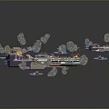 3D Spaceship Model Featuring Floating Asteroids Blue Energy And Explosions In Space