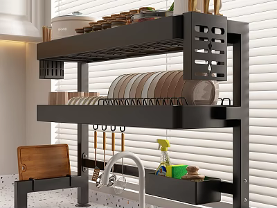 Black Multi tiered Bathroom Cabinet Rack With Dishes Bowls And Hanging Utensils 3d model