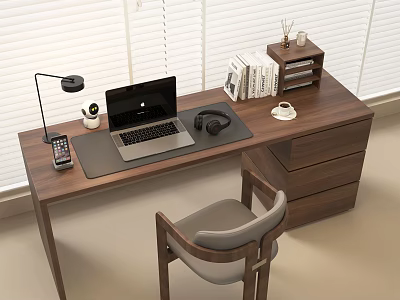 Modern Wooden Desk Chair Set With Laptop Desk Lamp Books And Gray Chair 3d model