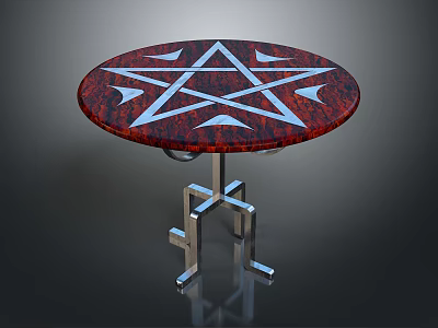 Round Table With Red Tabletop Featuring White Pentagram Pattern And Silver Metal Legs 3d model