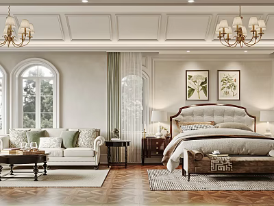 Elegant Classic Bedroom Interior With Arched Windows Chandeliers Sofa Bed And Decorative Paintings 3d model