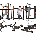 Fitness Equipment Collection Including Strength Training Machines And Woman Near Workout Stations