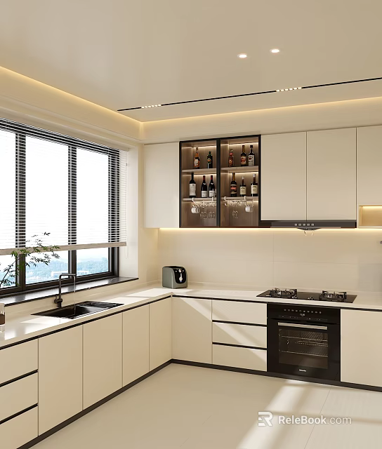 Modern Open Kitchen Interior With Island Countertop And White Cabinets 3d model 
