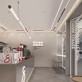 Modern Minimalist Café Exterior And Interior With Glass Doors Wooden Tables Hanging Lights And Signage