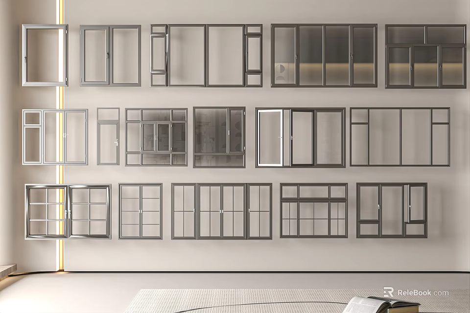Various Window Styles Arranged on Wall in Modern Interior 3d model 