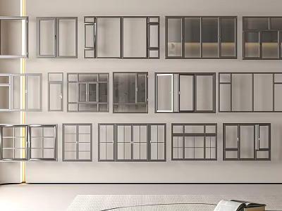 Various Window Styles Arranged on Wall in Modern Interior 3d model