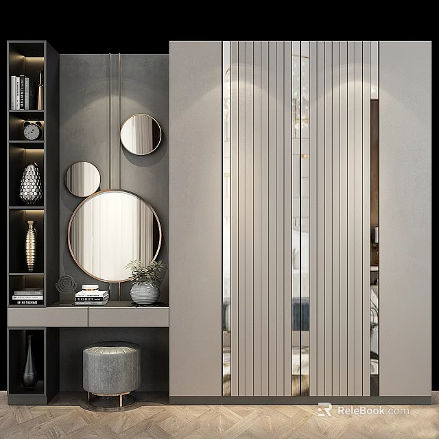 Modern Wardrobe Design With Sliding Doors Round Mirrors And Ambient Lighting 3d model
