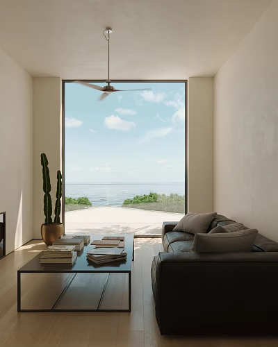 Spacious Living Room With Large Window Ocean View Sofa Coffee Table Cactus And Ceiling Fan 3d model