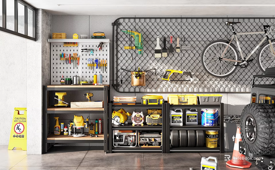 Organized Garage With Pegboard Wall Tools Storage Shelves Bins And Hanging Bicycle 3d model 