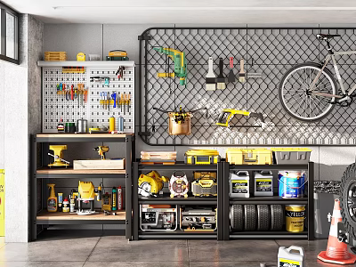 Organized Garage With Pegboard Wall Tools Storage Shelves Bins And Hanging Bicycle 3d model