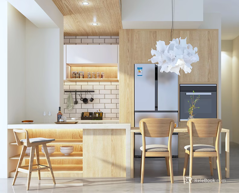 Modern Dining Table Set With Wooden Chairs And Pendant Light In Kitchen 3d model 