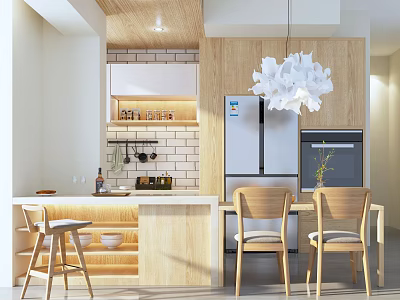 Modern Dining Table Set With Wooden Chairs And Pendant Light In Kitchen 3d model