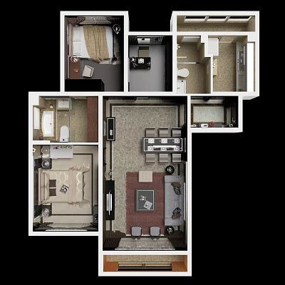 Bird's Eye View Floor Plan Layout With Living Room Bedroom Kitchen Bathroom And Dining Area 3d model