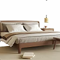 Modern Wooden Double Bed with Bedside Tables Vase Decorations Bench Rug and Books