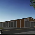Modern Industrial Factory Building Exterior With Wooden Gray Facade Garage Doors And People Vehicles
