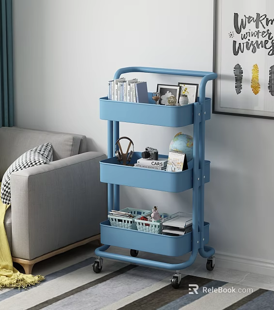 Practical Blue Rolling Shelf Cart For Living Room With Books Frames Globe And Baskets 3d model