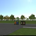 Public Facilities Sorted Trash Bins With Orange Blue Yellow Containers And Wooden Panels